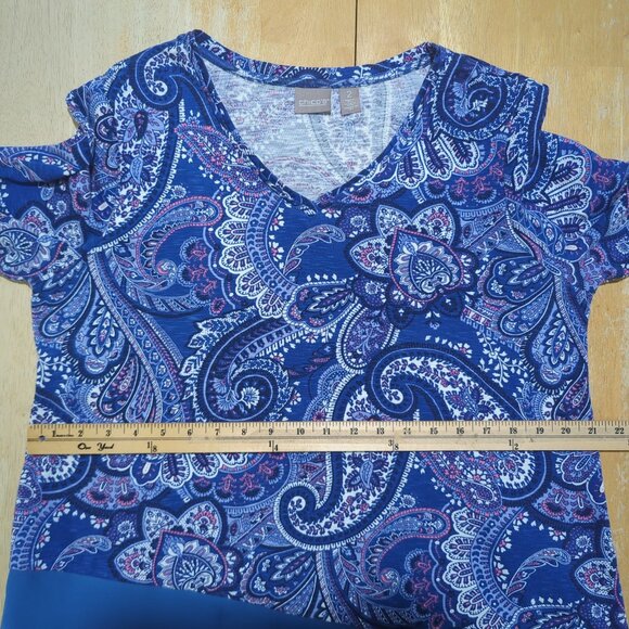 Chico's Blue Paisley Print V-Neck with sheer Chiffon hem Tunic Chico's 2 Sz 12‎ - Picture 10 of 14